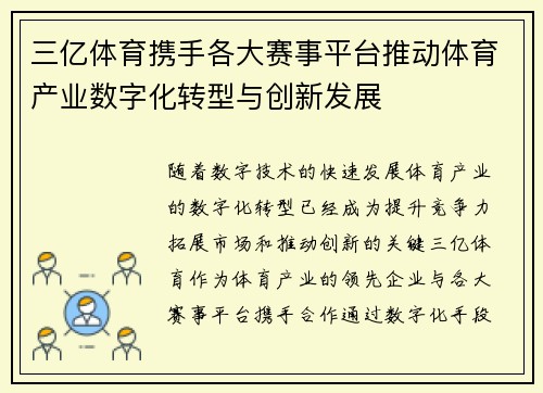 三亿体育携手各大赛事平台推动体育产业数字化转型与创新发展