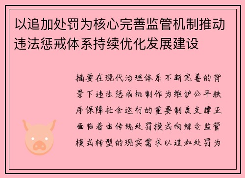 以追加处罚为核心完善监管机制推动违法惩戒体系持续优化发展建设